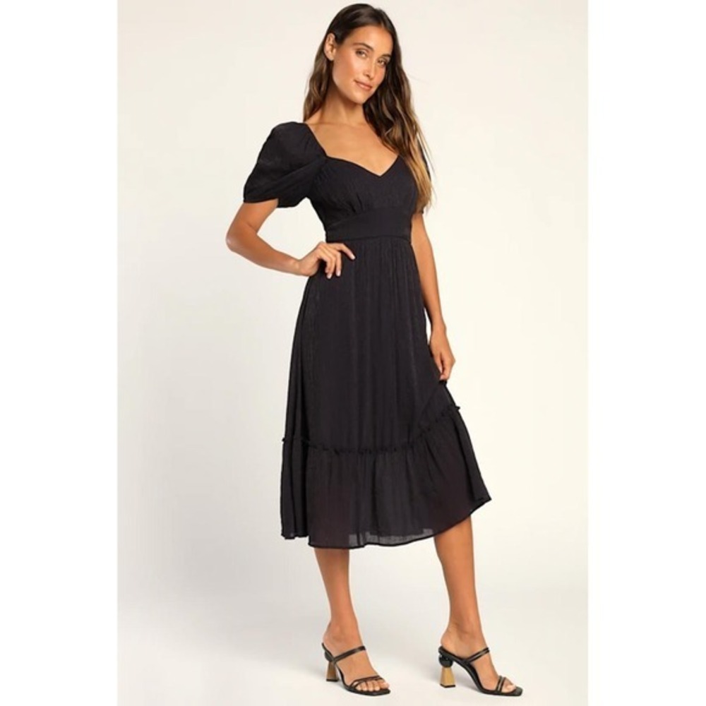 Simply a Sensation Navy Blue Puff Sleeve Midi Dress - NWT - Picture 2 of 6